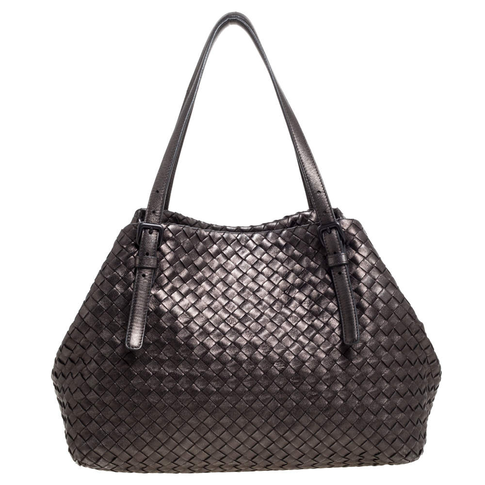 Pre Owned Bottega Veneta Metallic Intrecciato Leather Medium Cesta Tote