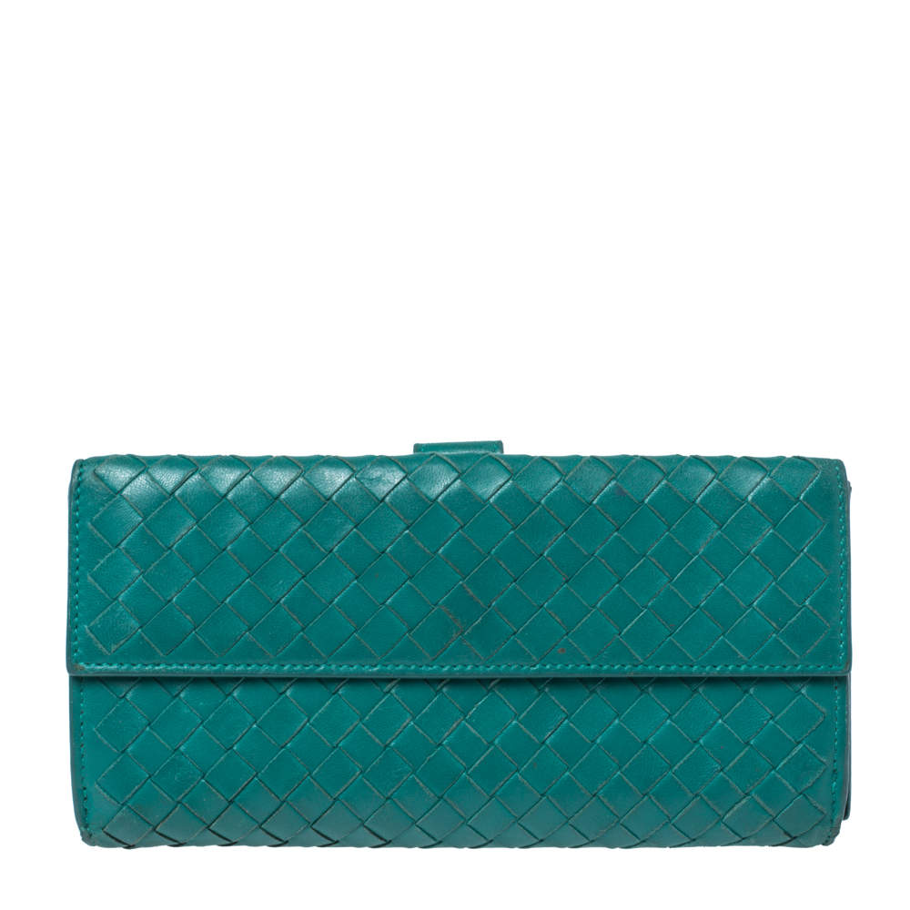 Pre Owned Bottega Veneta Green Intrecciato Leather Long Wallet