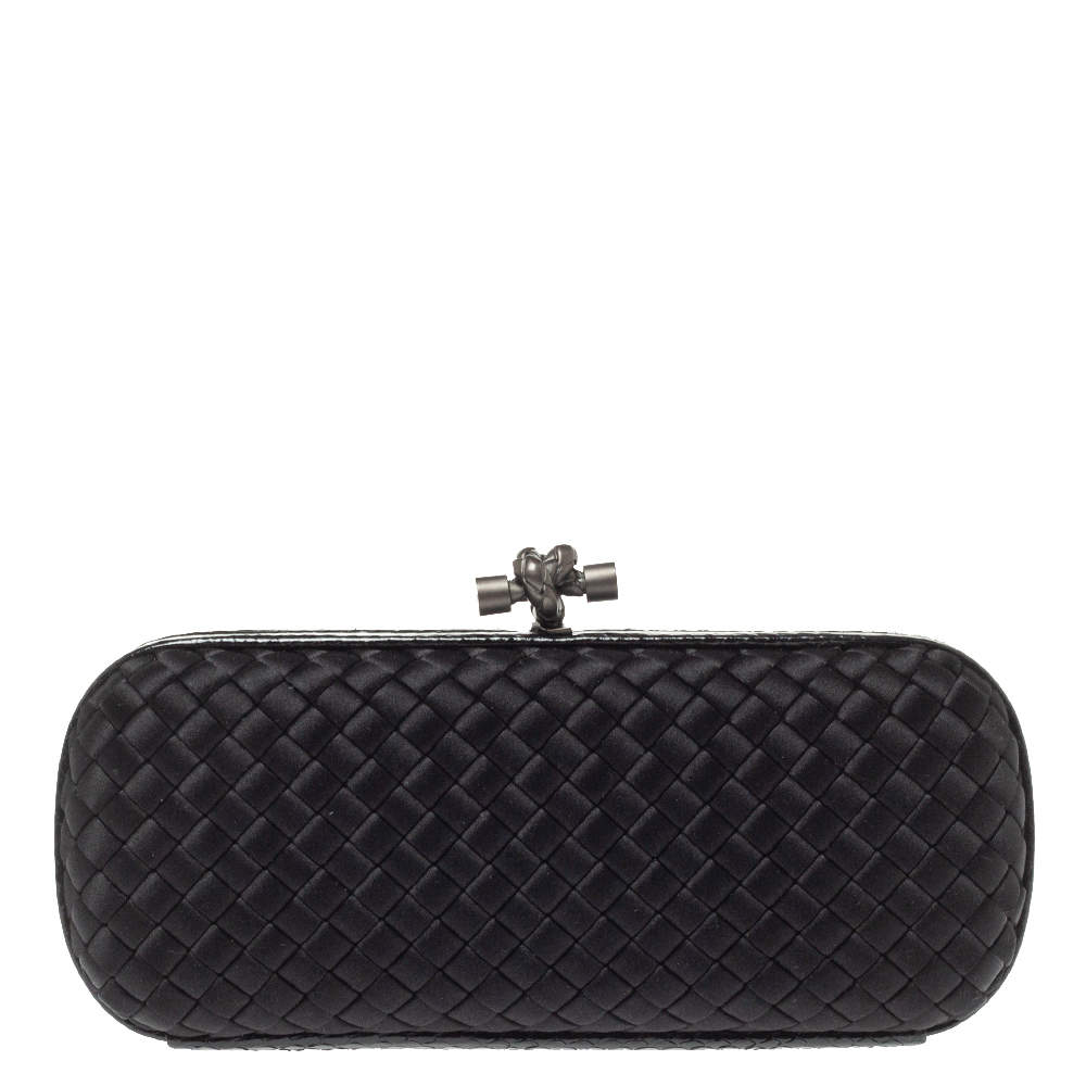 Pre Owned Bottega Veneta Black Intrecciato Satin and Python Stretch Knot Clutch