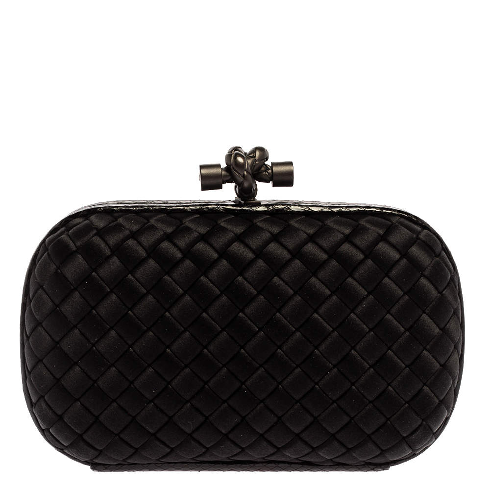 Pre Owned Bottega Veneta Black Satin and Snakeskin Trim Knot Clutch