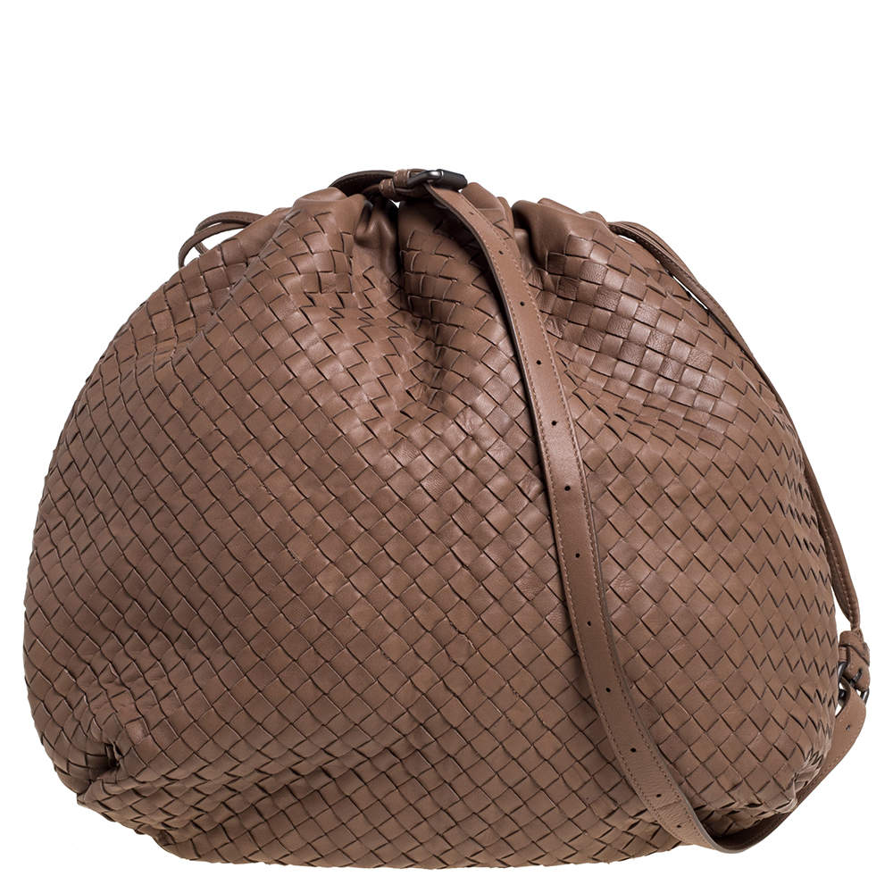 Pre Owned Bottega Veneta Brown Intrecciato Leather Drawstring Hobo