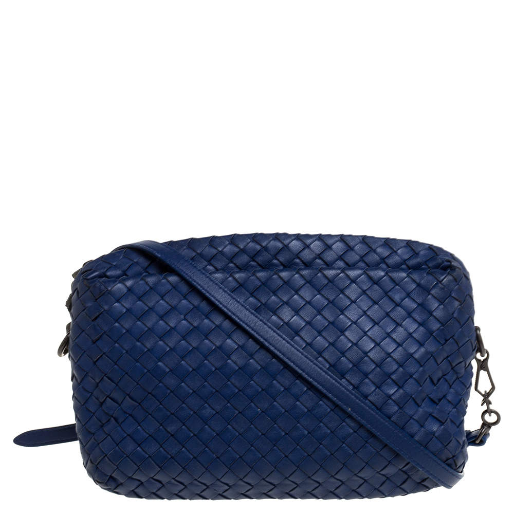 Pre Owned Bottega Veneta Blue Intrecciato Leather Crossbody Bag