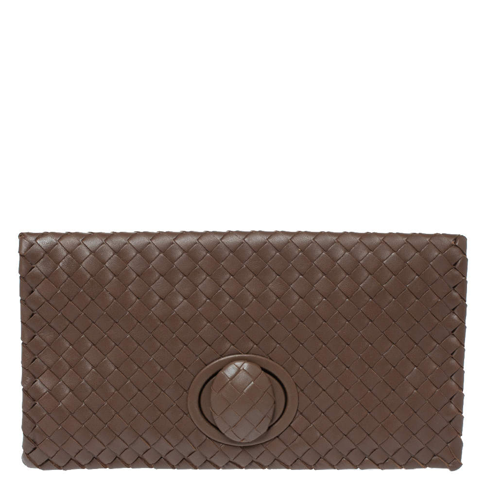 مملوكة مسبقًا حقيبة كلتش بوتيغا فينيتا قفل دوار جلد إنترشييتو بنية