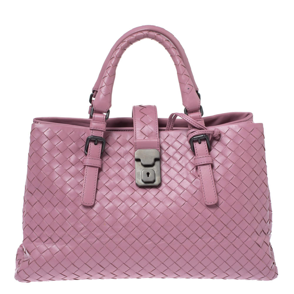Pre Owned Bottega Veneta Pink Intrecciato Leather Small Roma Tote