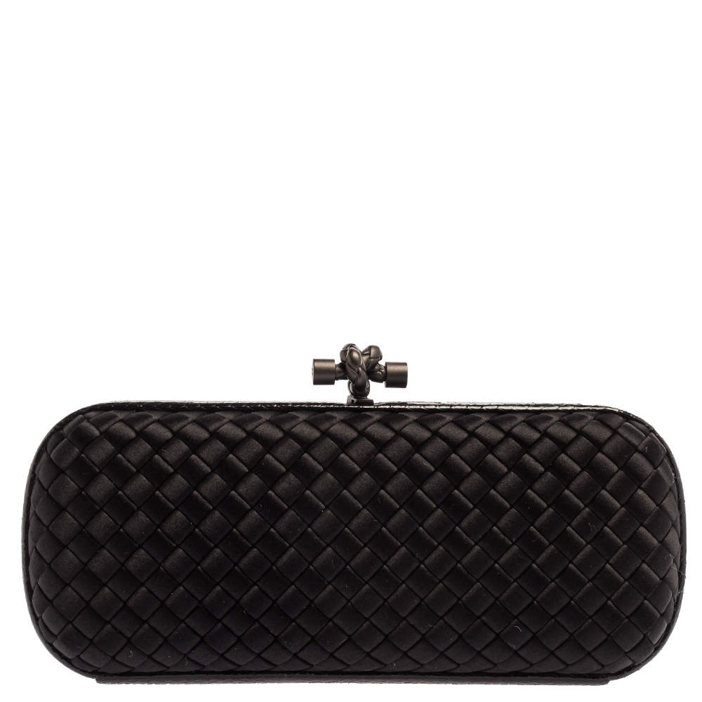 Pre Owned Bottega Veneta Black Intrecciato Satin and Python Trim Knot Clutch