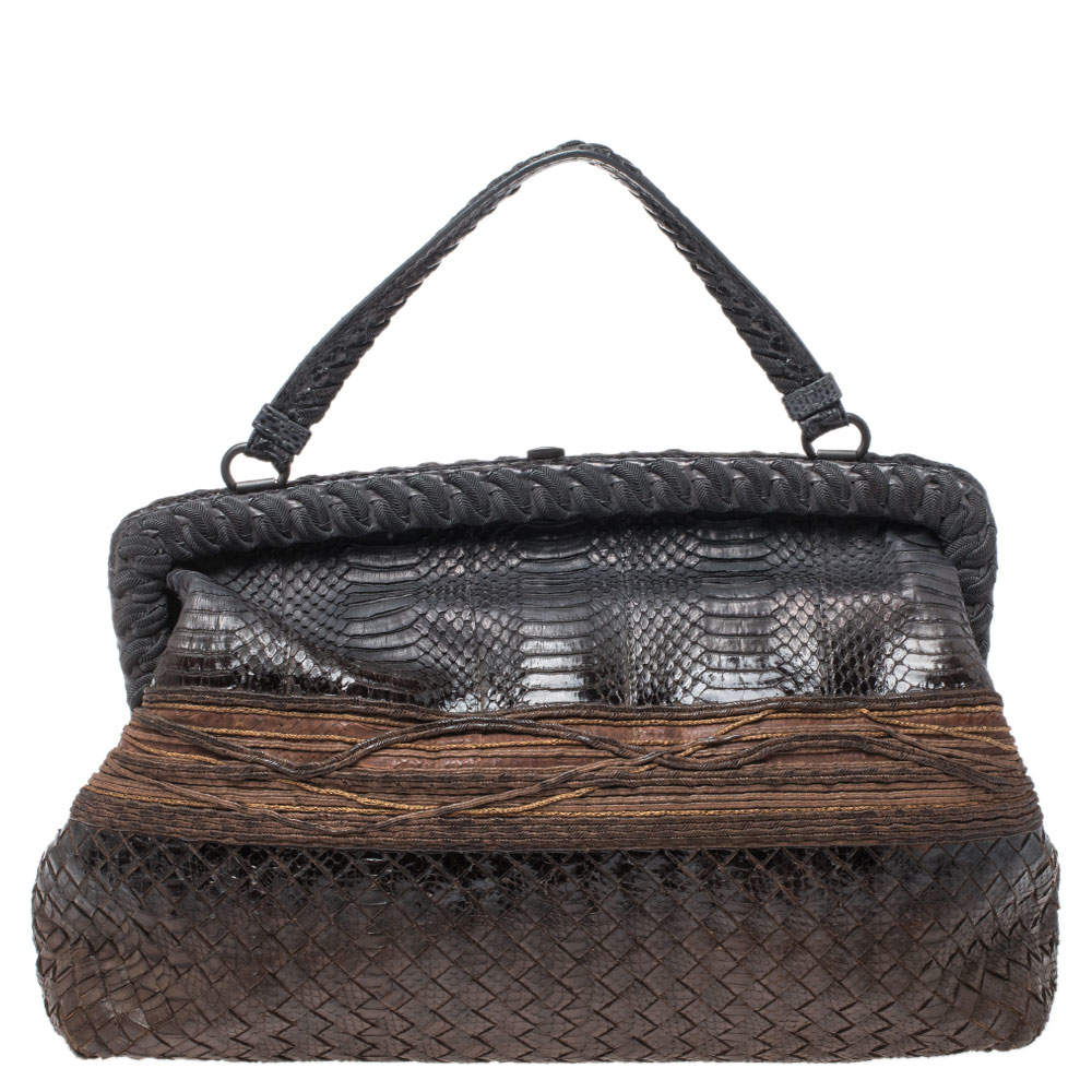 Pre Owned Bottega Veneta Black/Brown Python Frame Top Handle Bag