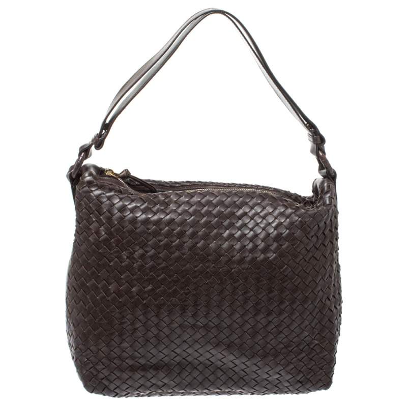 Pre Owned Bottega Veneta Dark Brown Intrecciato Leather Pyramid Shoulder Bag
