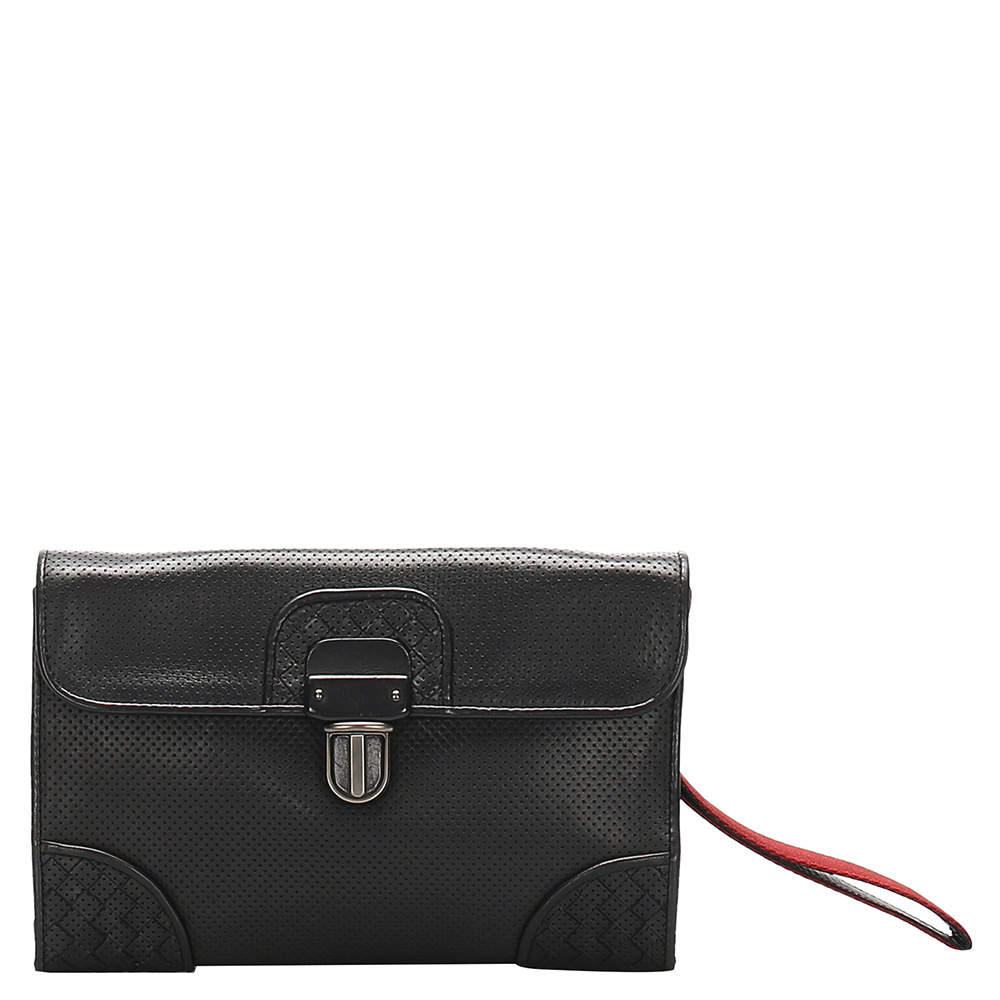 Pre Owned Bottega Veneta Black Leather Intrecciato Perforated Clutch Bag