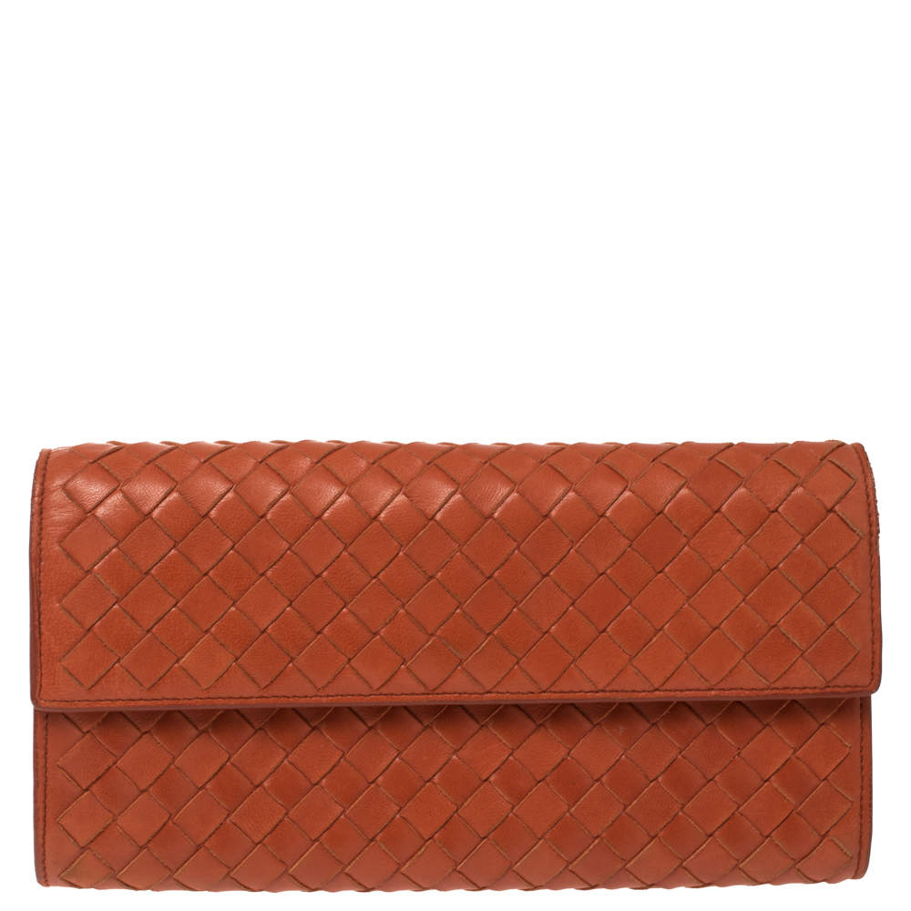 Pre Owned Bottega Veneta Orange Intrecciato Leather Continental Flap Wallet
