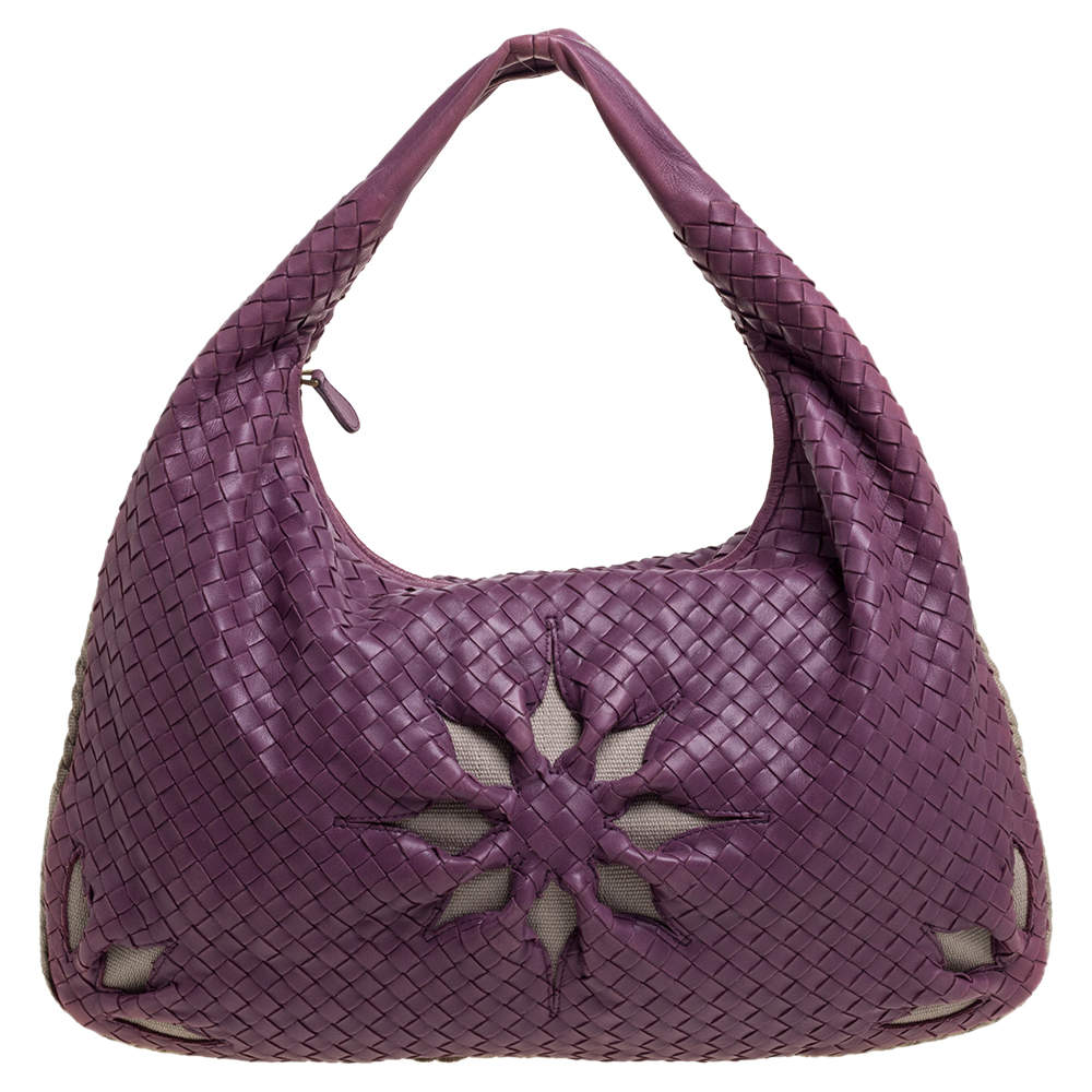 Pre Owned Bottega Veneta Purple Intrecciato Leather Flower Hobo