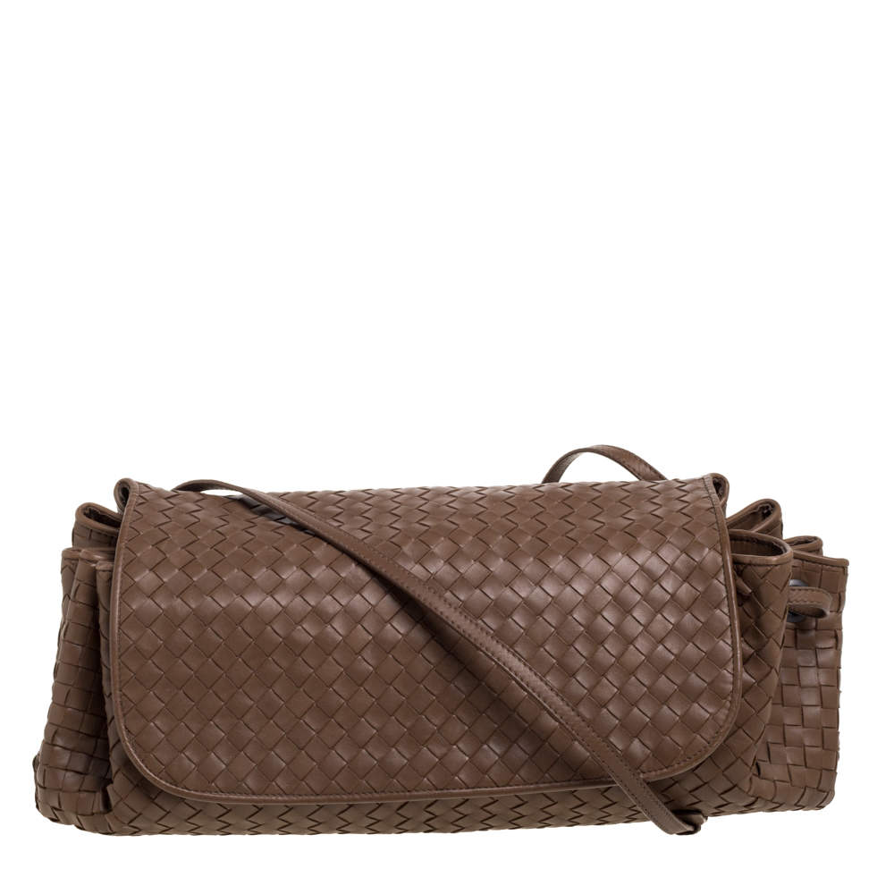 Pre Owned Bottega Veneta Brown Leather Drawstring Flap Shoulder Bag