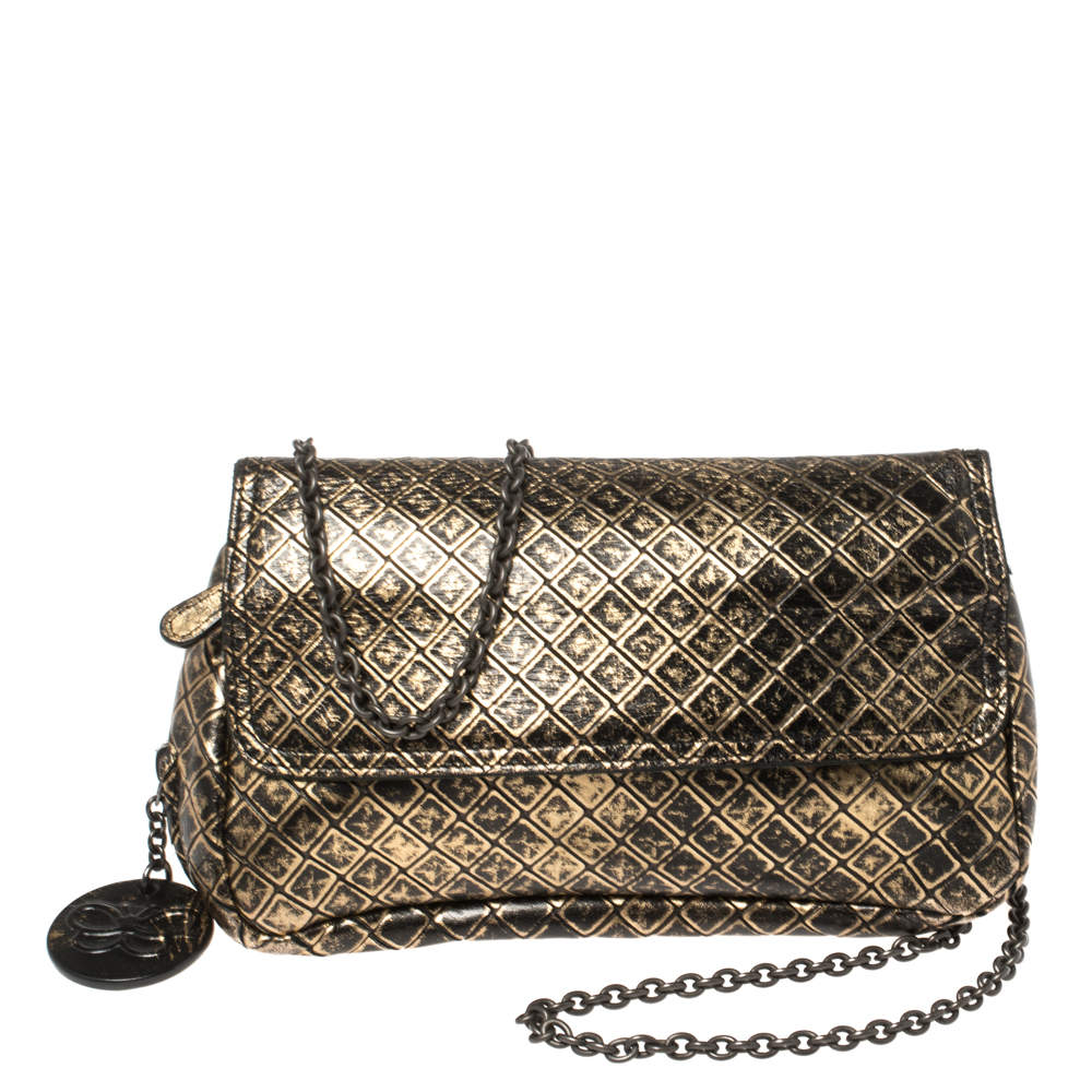 Bottega Veneta Gold/Black Diamond Embossed Leather Zip Detail Crossbody Bag
