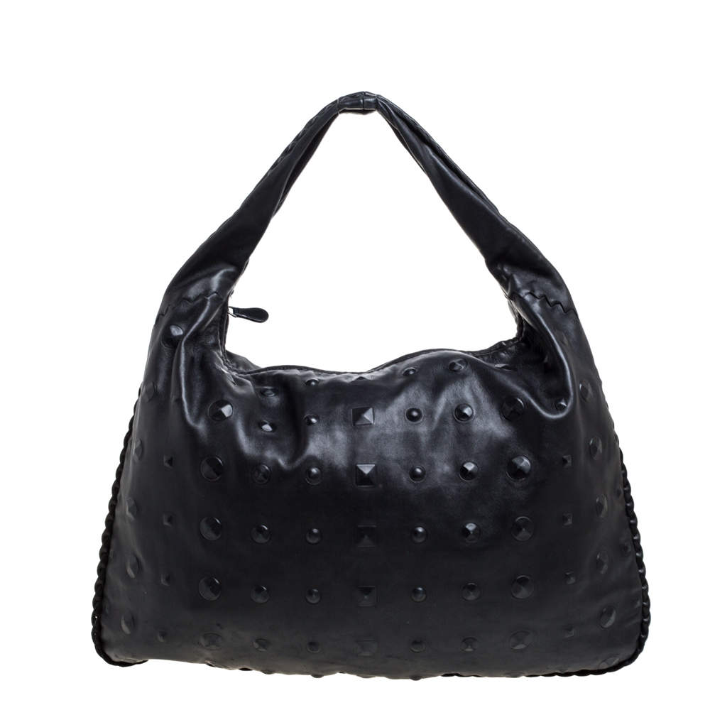 Pre Owned Bottega Veneta Black Intrecciato Leather Maxi Veneta Studded Hobo