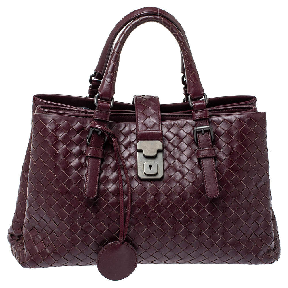 Pre Owned Bottega Veneta Burgundy Intrecciato Leather Small Roma Tote