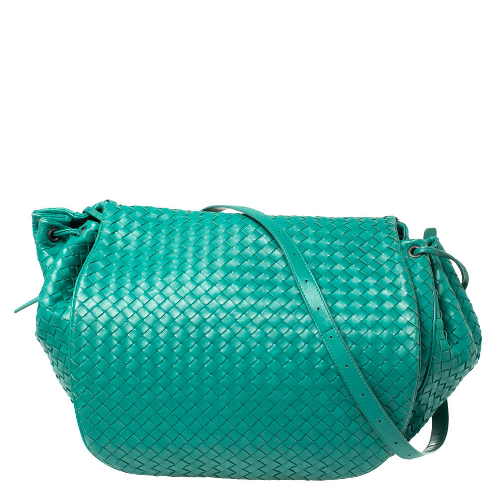 Bottega Veneta Green Intrecciato Leather Drawstring Flap Shoulder Bag