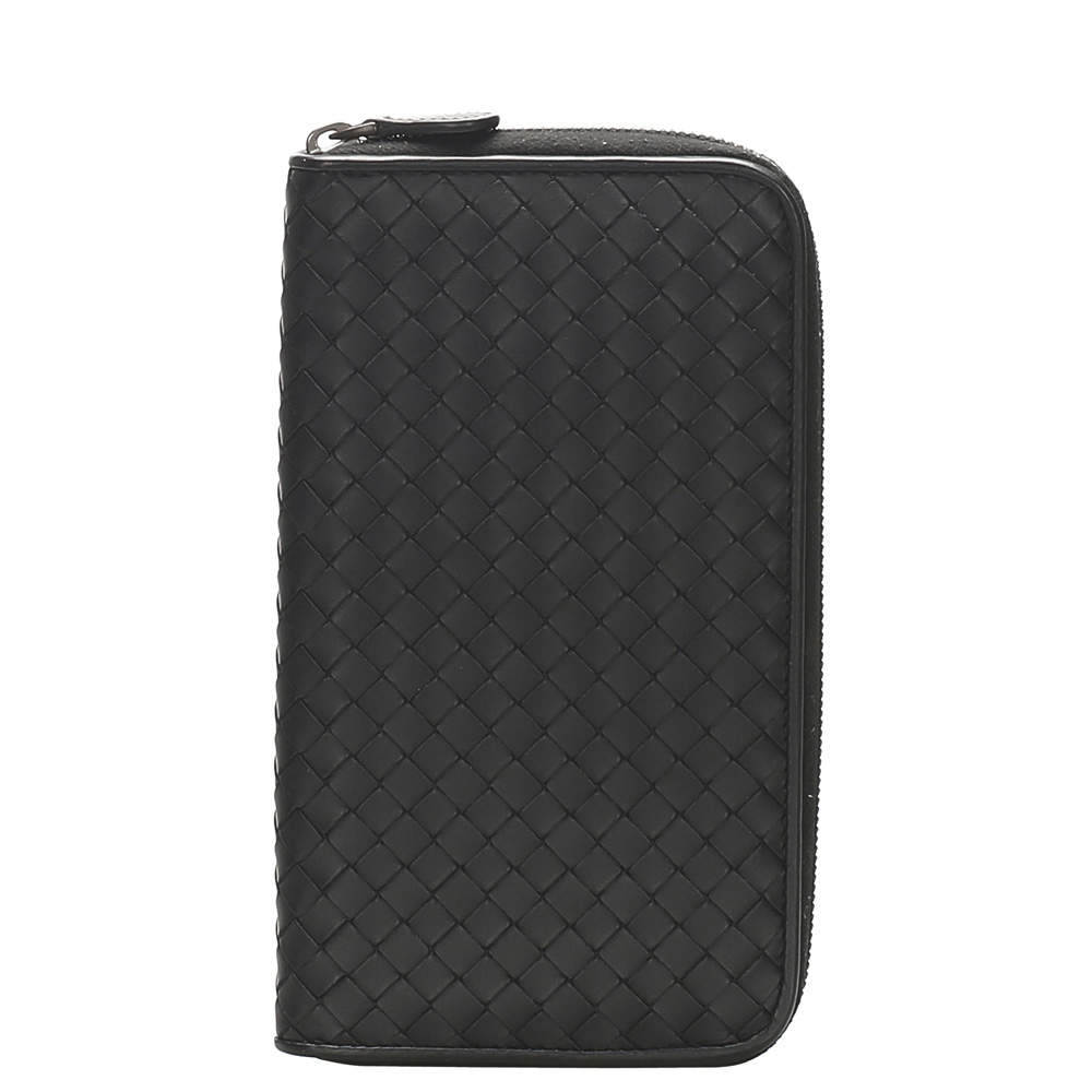 Pre Owned Bottega Veneta Black Intrecciato Leather Zip Around Wallet