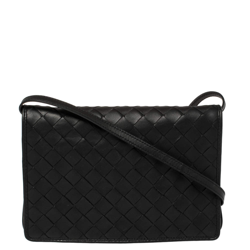 Pre Owned Bottega Veneta Black Intrecciato Leather Small Flap Crossbody Bag