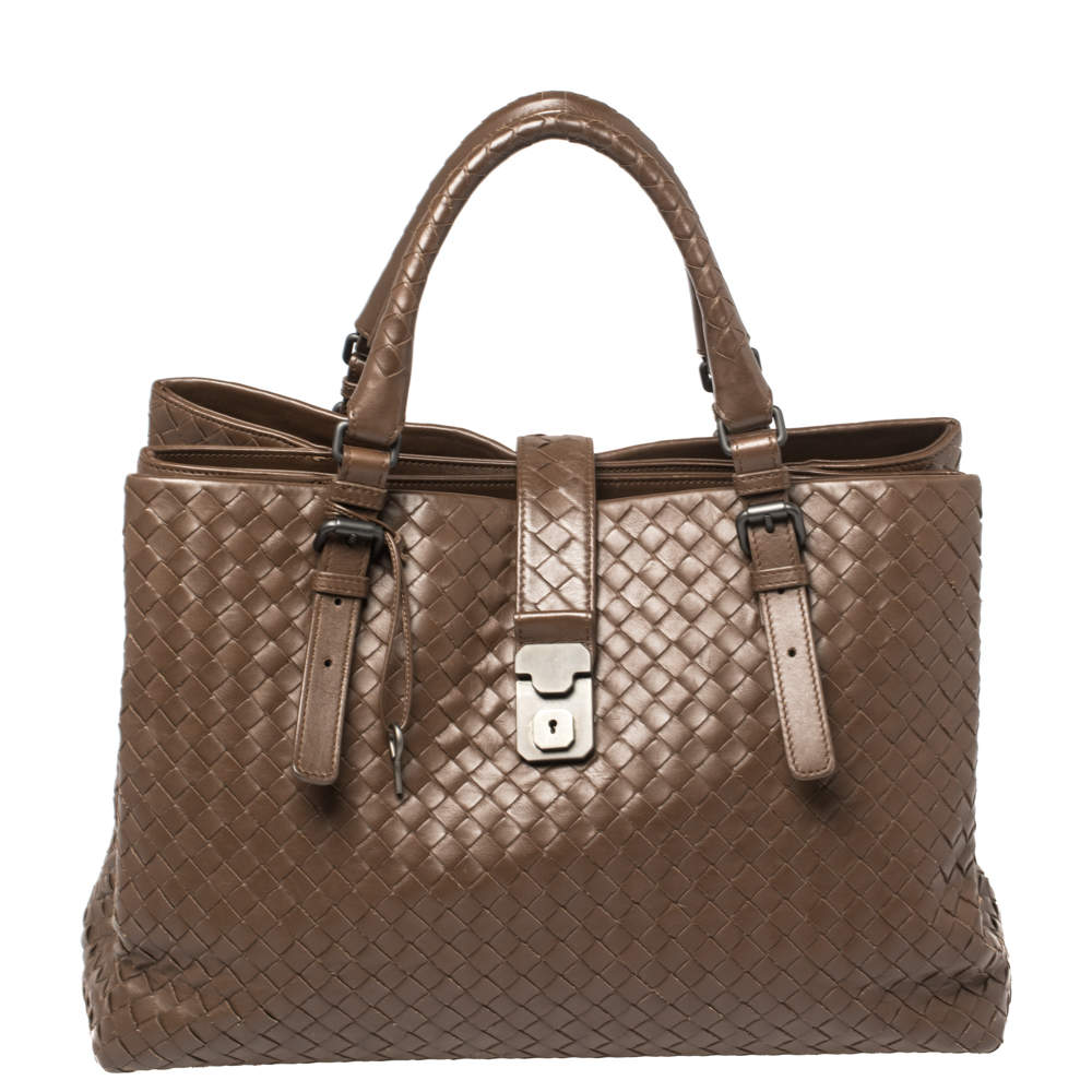 Pre Owned Bottega Veneta Dark Brown Intrecciato Leather Large Roma Tote