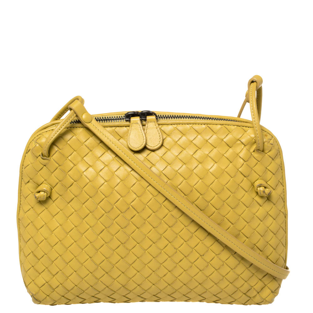 Pre Owned Bottega Veneta Yellow Intrecciato Leather Nodini Crossbody Bag