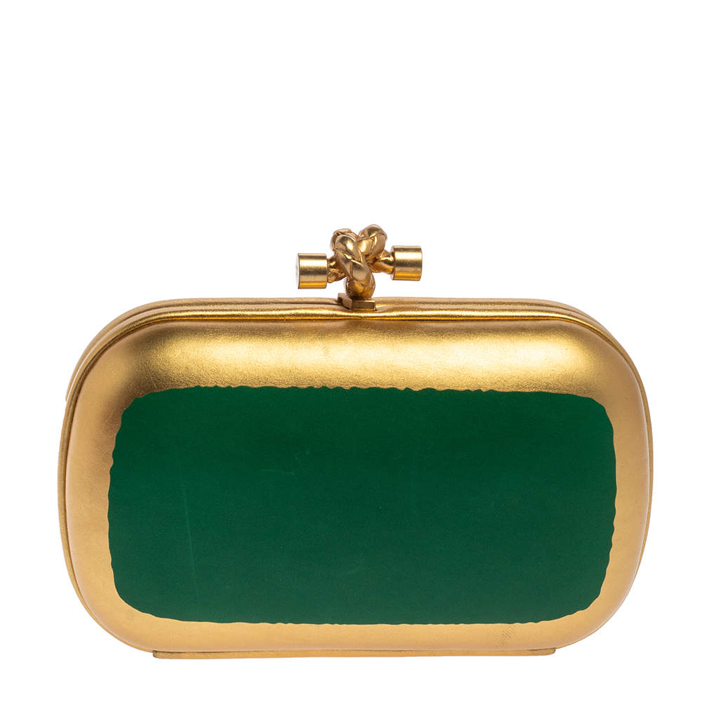 Bottega Veneta Gold Green Gilded Waxed Leather Knot Clutch Bottega Veneta TLC