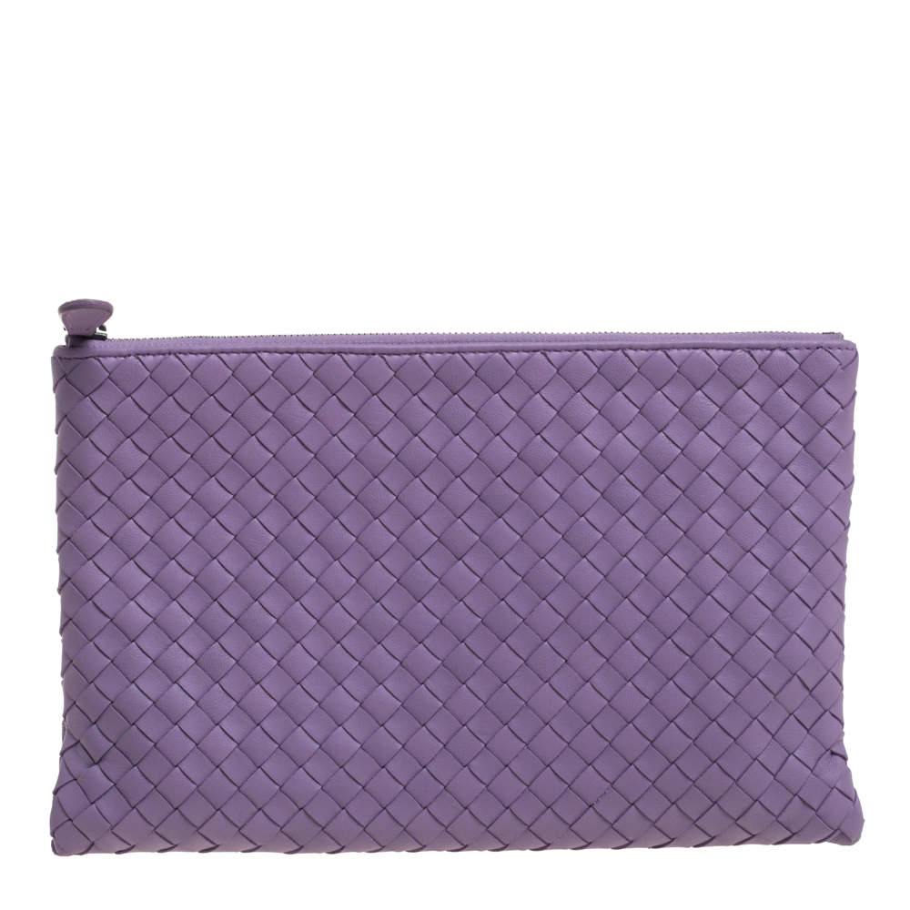 Pre Owned Bottega Veneta Lilac Intrecciato Leather Zip Pouch 