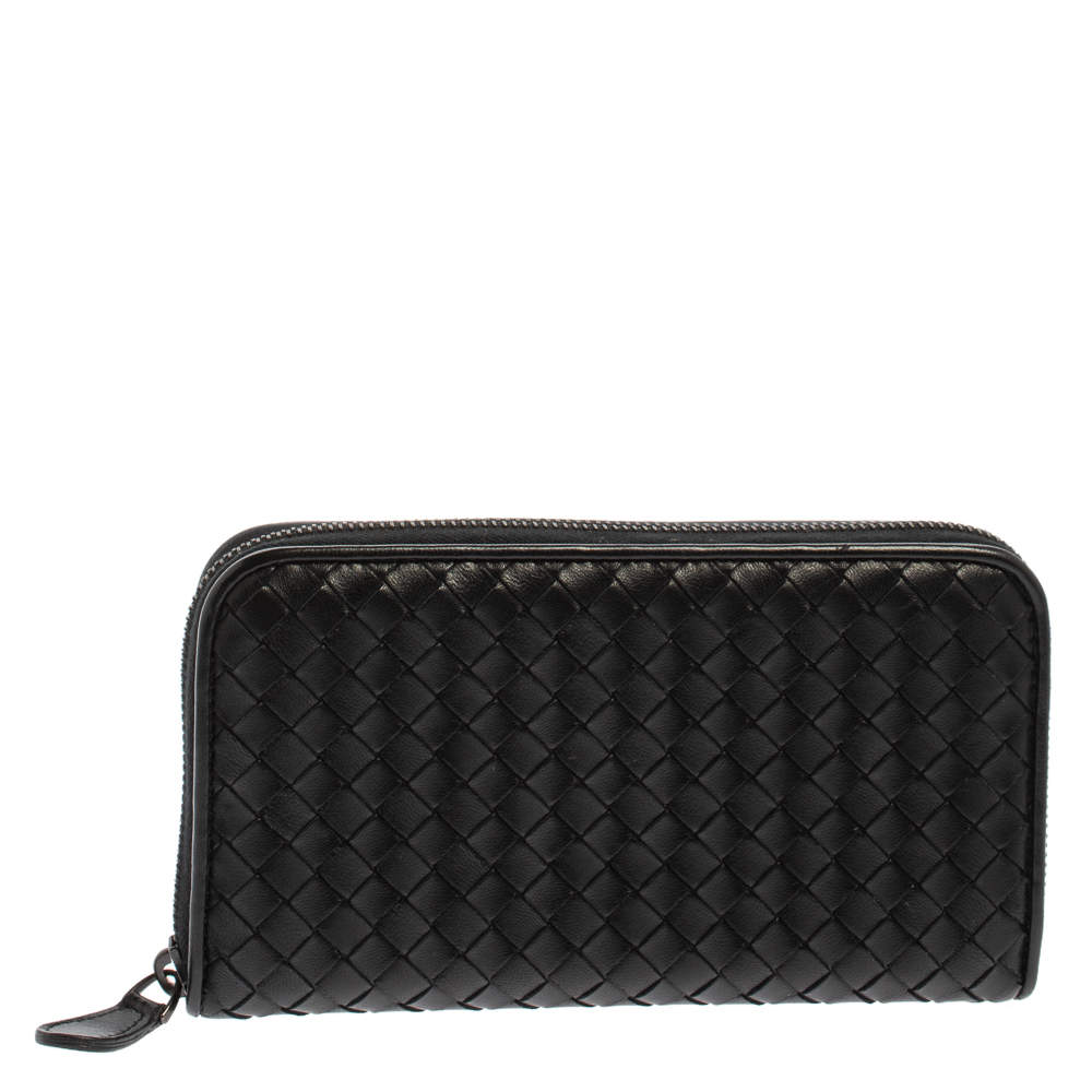 Pre Owned Bottega Veneta Black Intrecciato Leather Zip Around Wallet