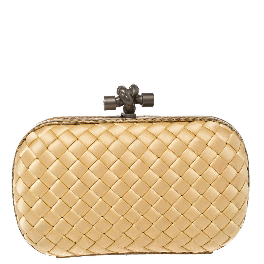 Pre Owned Bottega Veneta Beige Satin and Snakeskin Trim Knot Clutch