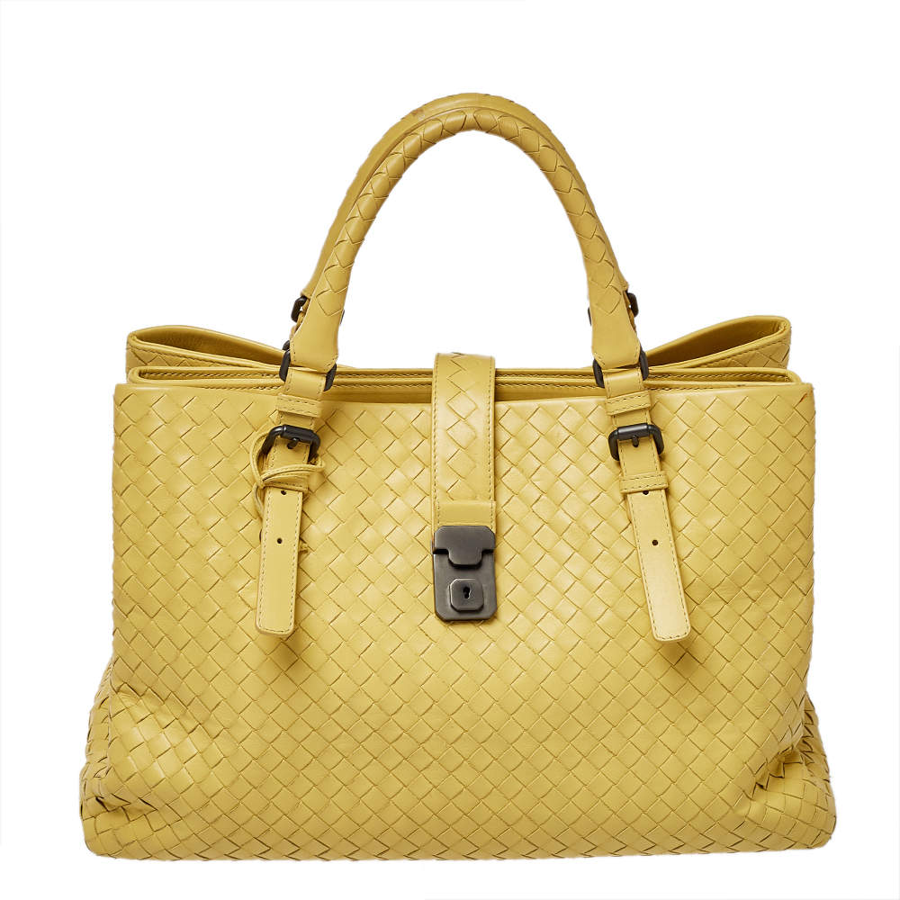 Pre Owned Bottega Veneta Yellow Intrecciato Leather Medium Roma Tote