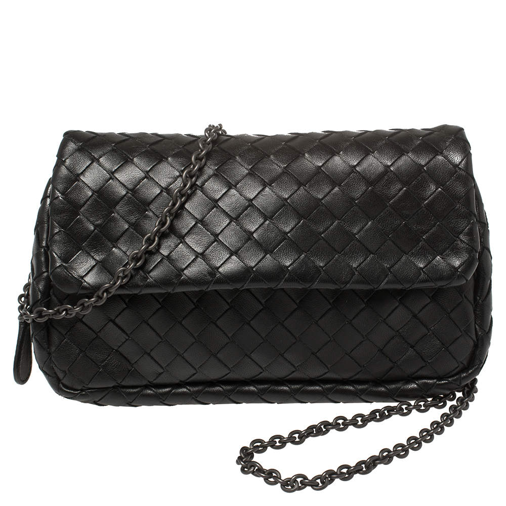 Pre Owned Bottega Veneta Black Intrecciato Leather Flap Chain Crossbody Bag