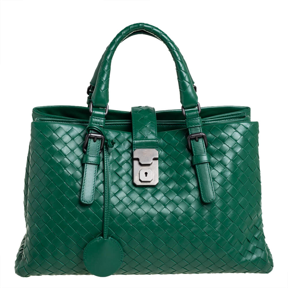 Pre Owned Bottega Veneta Green Intrecciato Leather Small Roma Tote