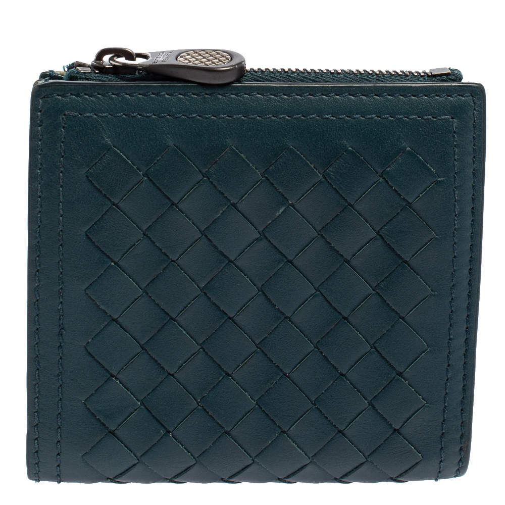 Bottega Veneta Teal Green Intrecciato Leather Compact Wallet