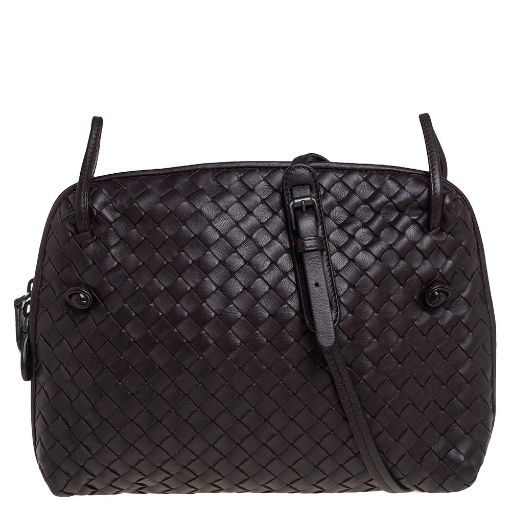Pre Owned Bottega Veneta Dark Brown Intrecciato Leather Nodini Crossbody Bag