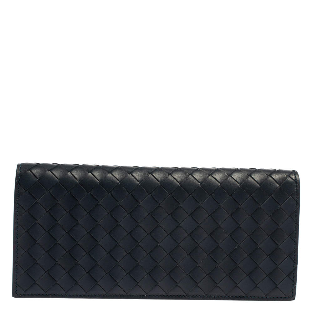 Pre Owned Bottega Veneta Blue Intrecciato Leather Continental Wallet