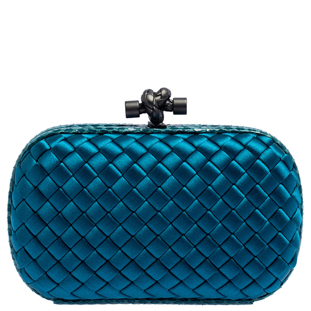 Pre Owned Bottega Veneta Blue Satin and Snakeskin Trim Knot Clutch