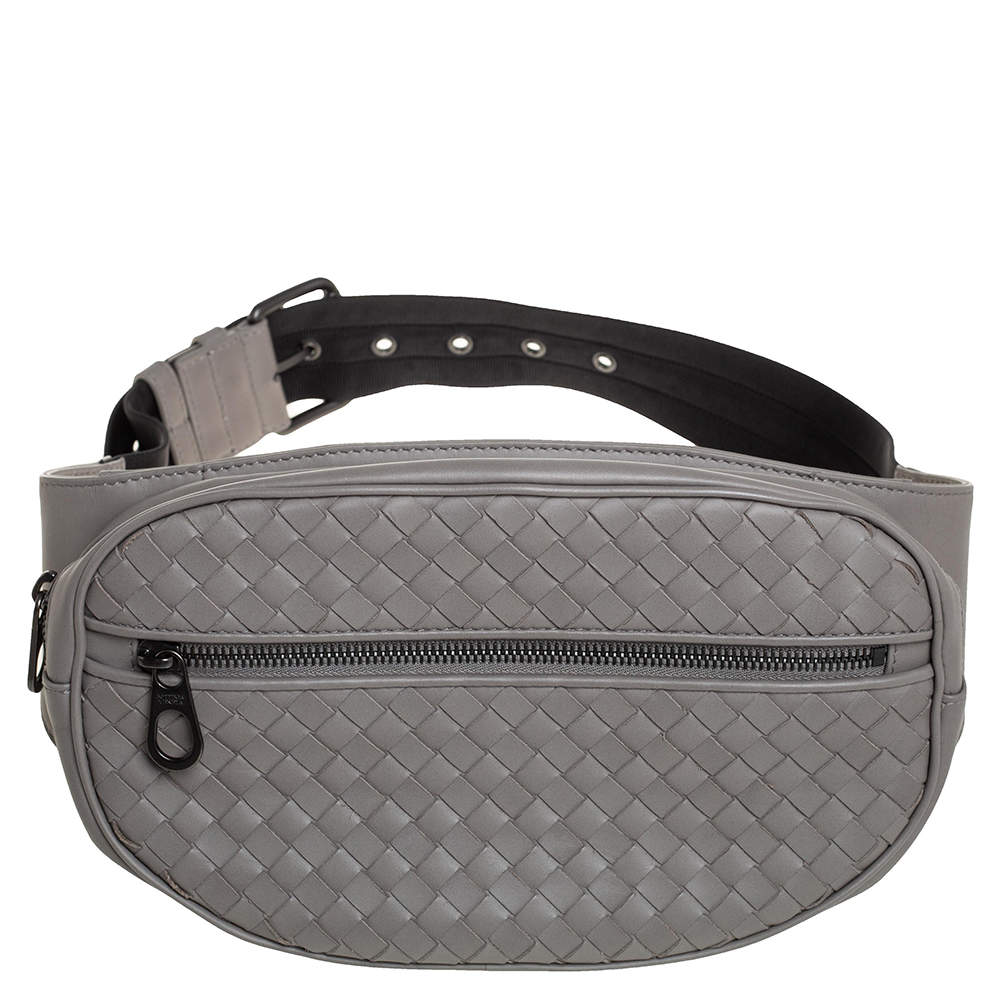 Pre Owned Bottega Veneta Grey Intrecciato Leather Zip Belt Bag 