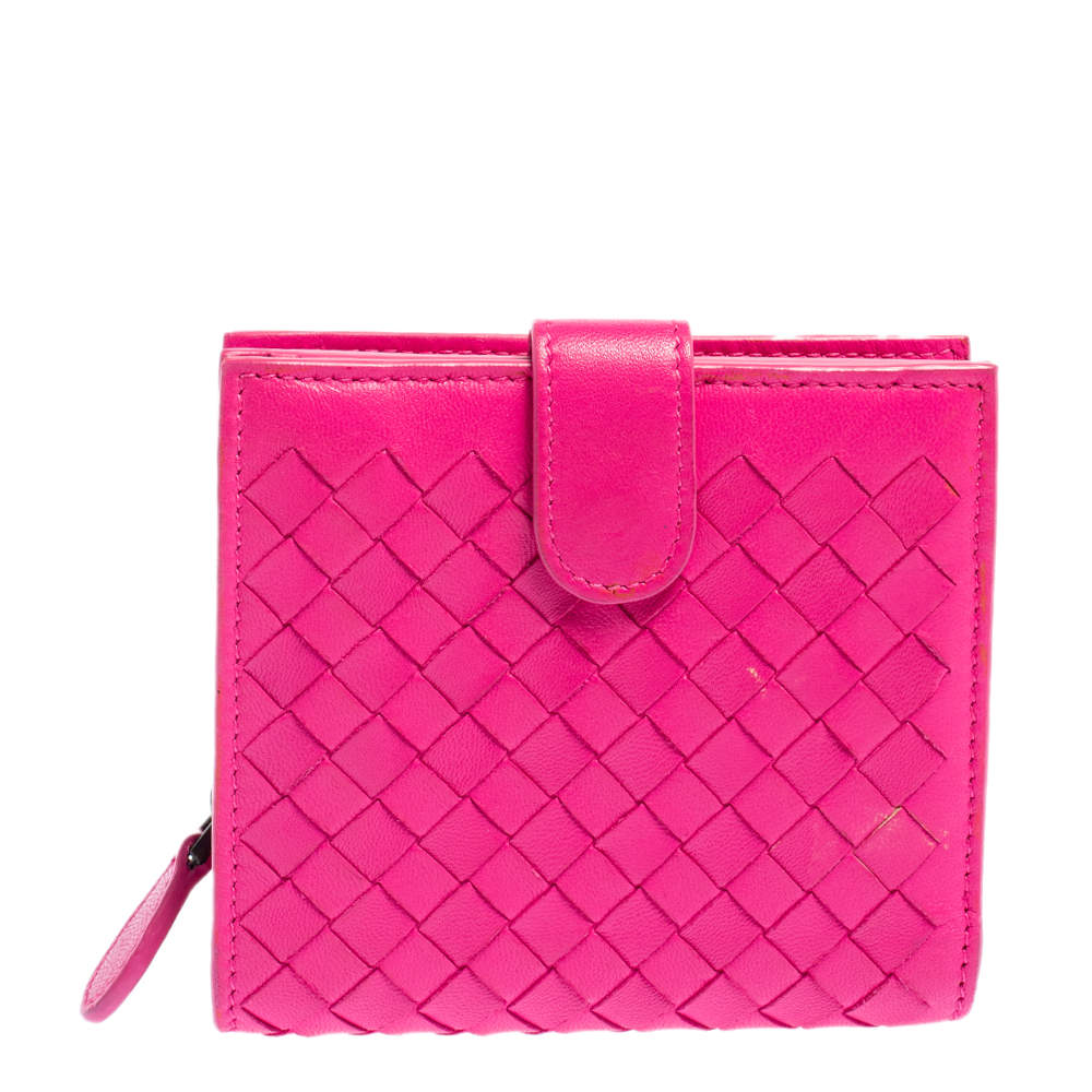 Pre Owned Bottega Veneta Pink Intrecciato Leather Compact Wallet