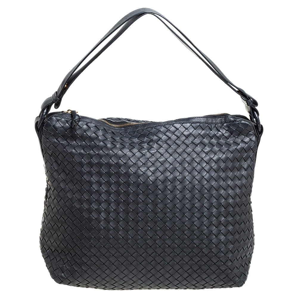 Pre Owned Bottega Veneta Black Intrecciato Leather Zipped Hobo
