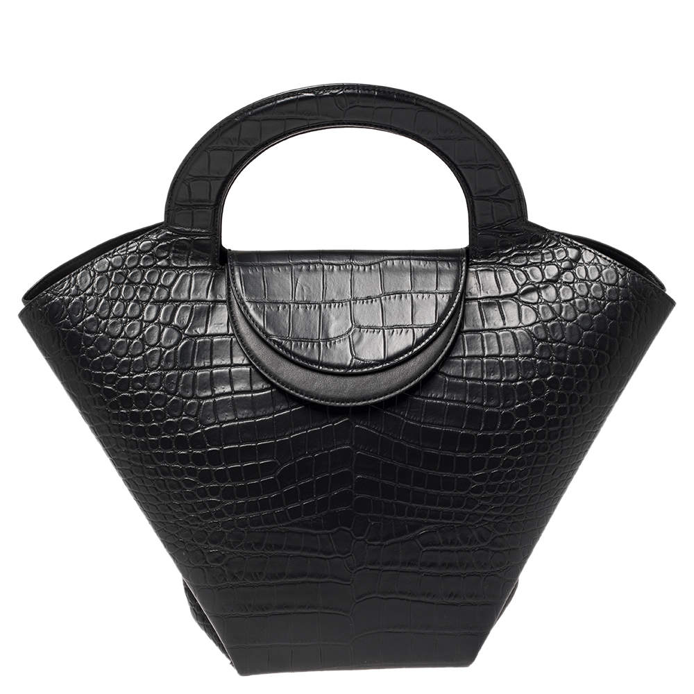 مملوكة مسبقًا Bottega Veneta Black Crocodile Embossed Leather Doll Tote