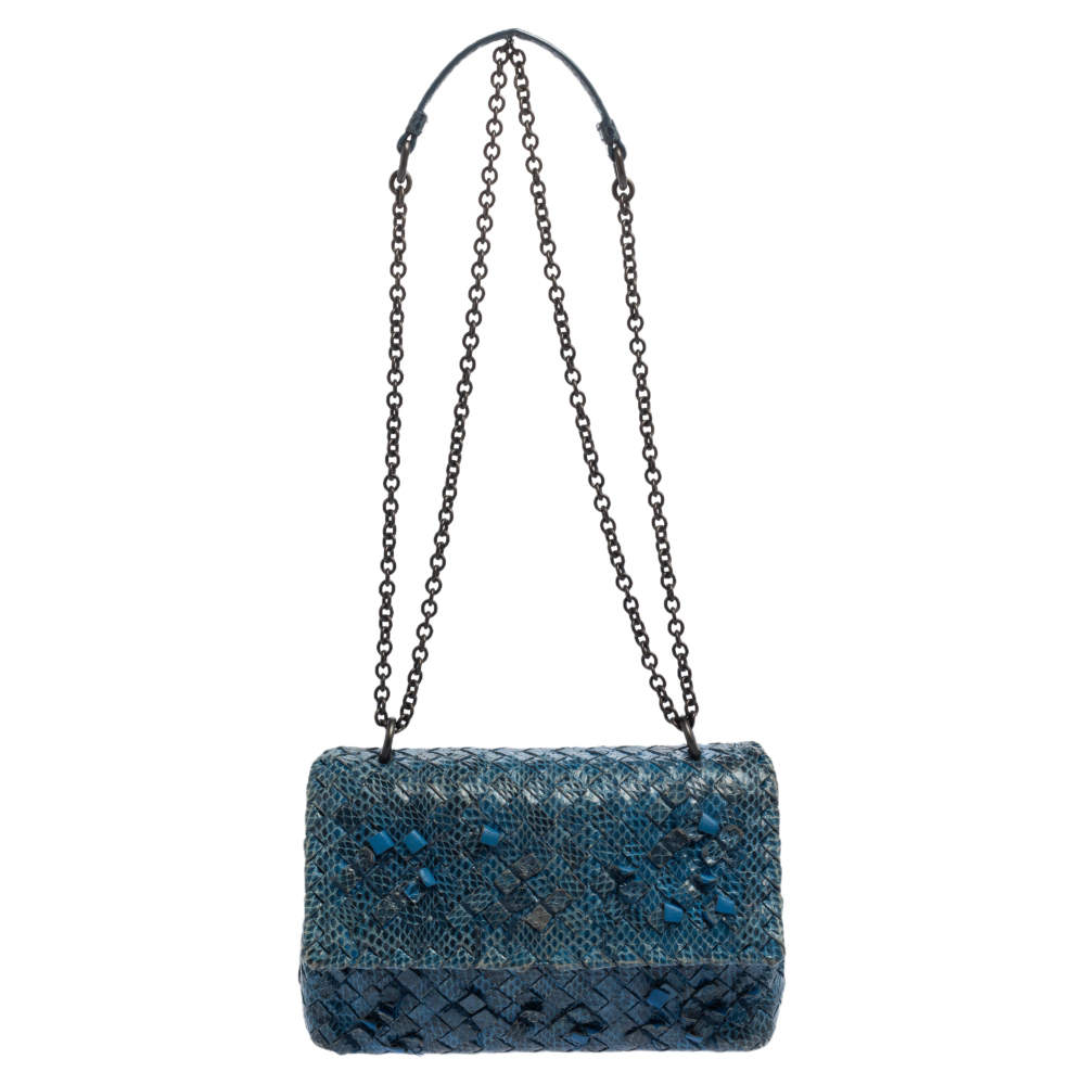 Pre Owned حقيبة كتف بوتيغا فينيتا أليمبيا جلد ثعبان أزرق