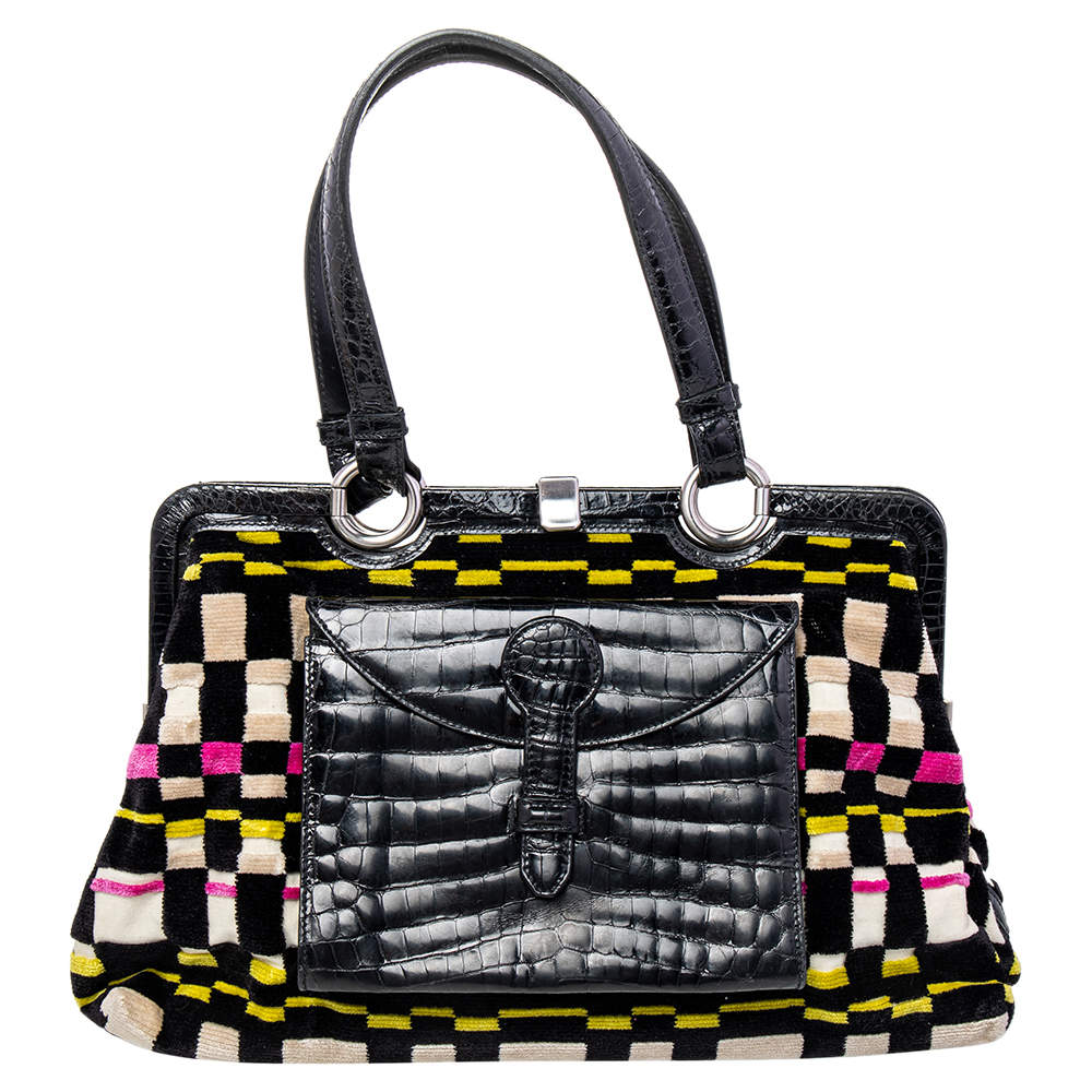 Pre Owned Bottega Veneta Multicolor Croc Embossed Leather And Fabric Frame Satchel