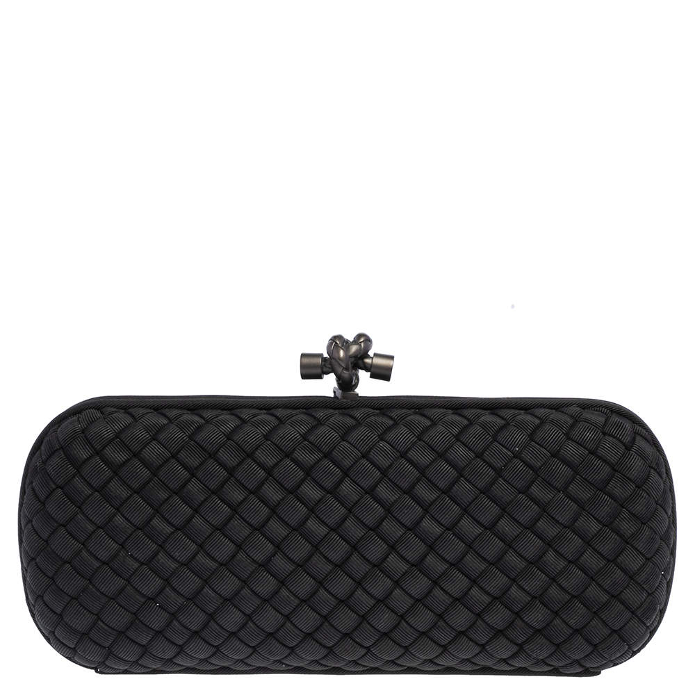 Pre Owned Bottega Veneta Black Intrecciato Silk Stretch Knot Clutch