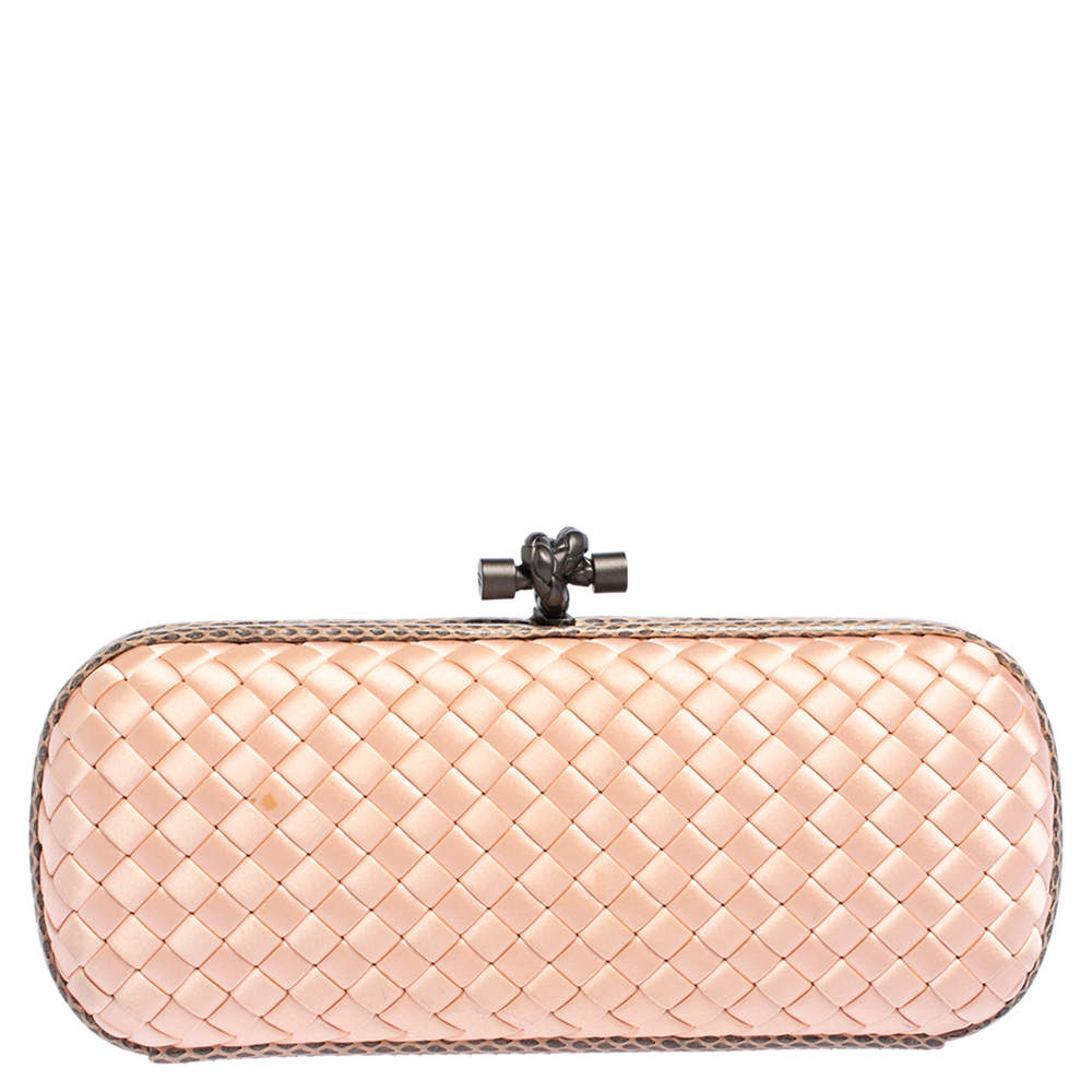 Pre Owned Bottega Veneta Peach Intrecciato Satin and Python Trim Knot Clutch