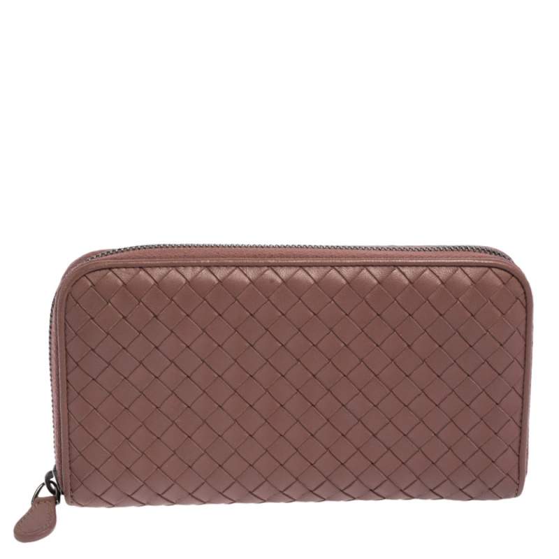 Pre Owned Bottega Veneta Old Rose Intrecciato Leather Zip Around Wallet