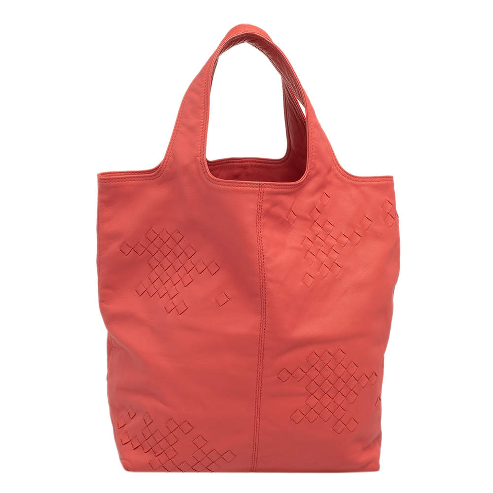 Pre Owned Bottega Veneta Orange Intrecciato Leather Tote