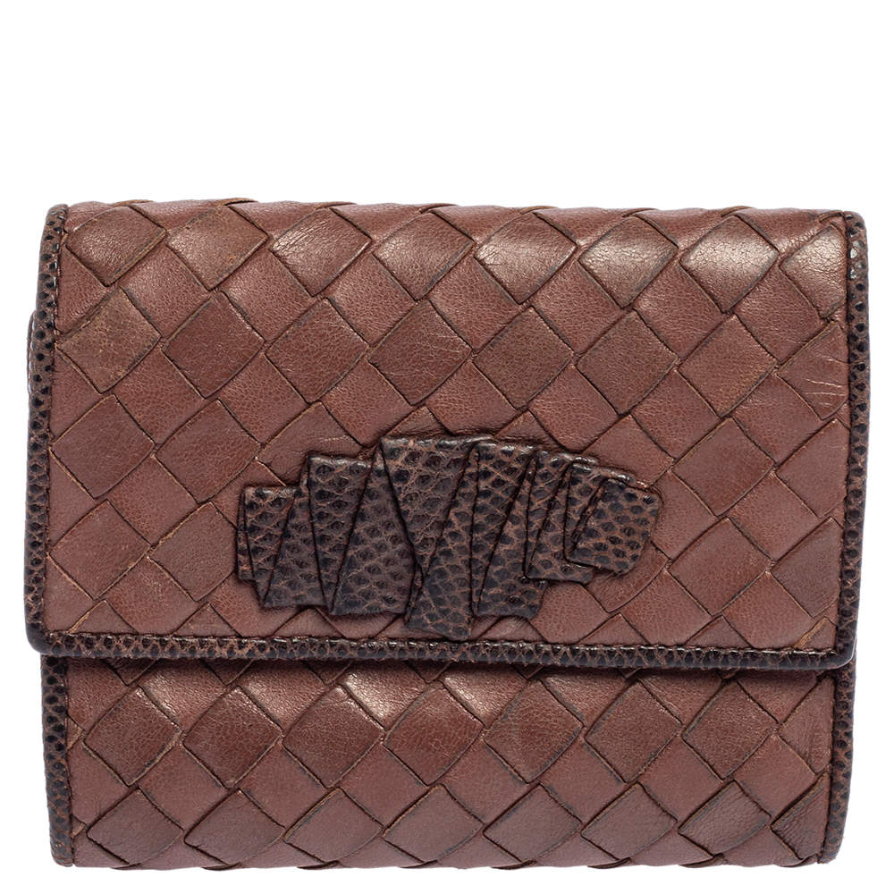 مملوكة مسبقًا Bottega Veneta Brown Intrecciato Leather and Snakeskin Trifold Wallet