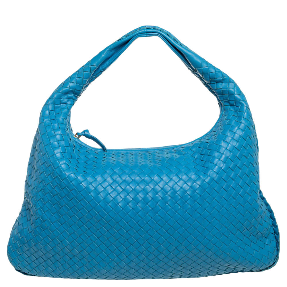 Pre Owned Bottega Veneta Blue Intrecciato Leather Veneta Hobo