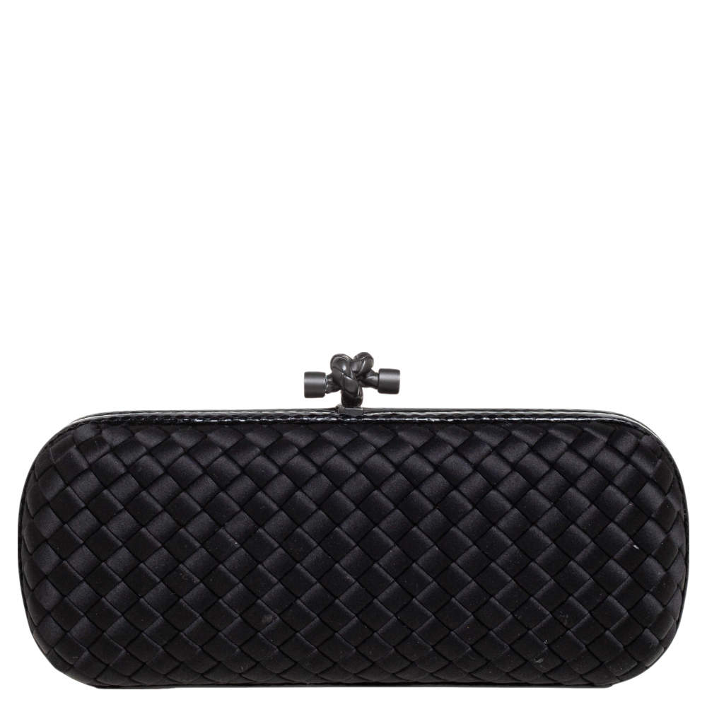 Pre Owned Bottega Veneta Black Intrecciato Satin and Snakeskin Trim Knot Clutch