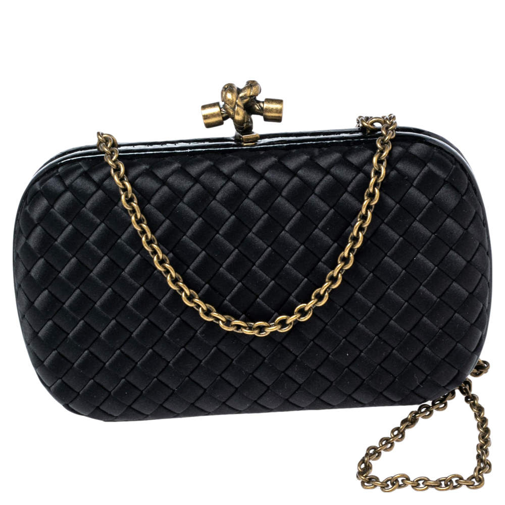 Pre Owned Bottega Veneta Black  Intrecciato Satin and Snakeskin Trim Chain Knot Clutch