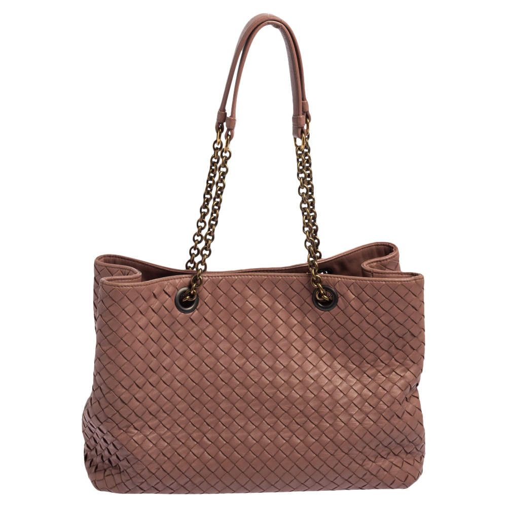 Pre Owned Bottega Veneta Pale Pink Intrecciato Leather Medium Tote