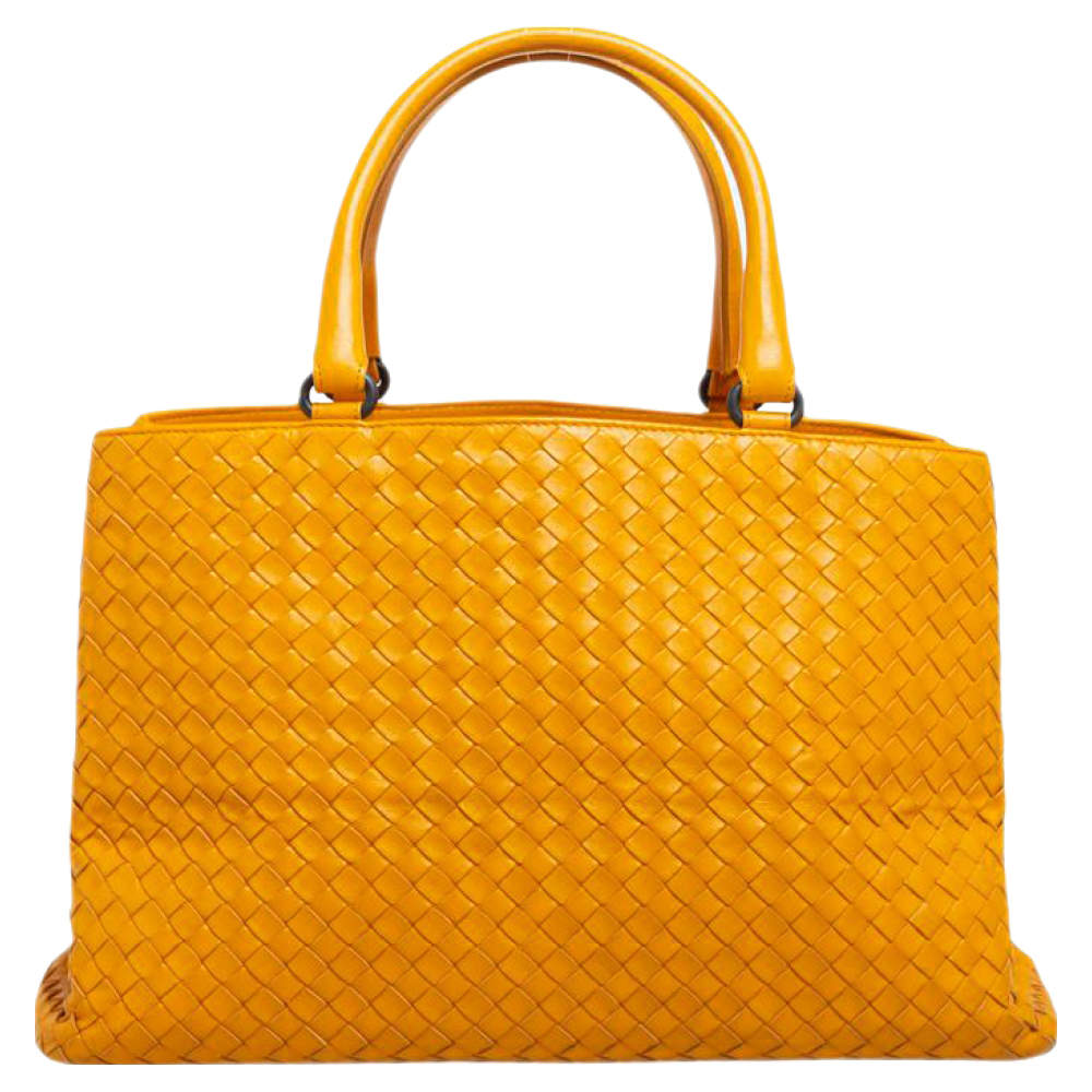 Pre Owned Bottega Veneta Mustard Intrecciato Leather Tote